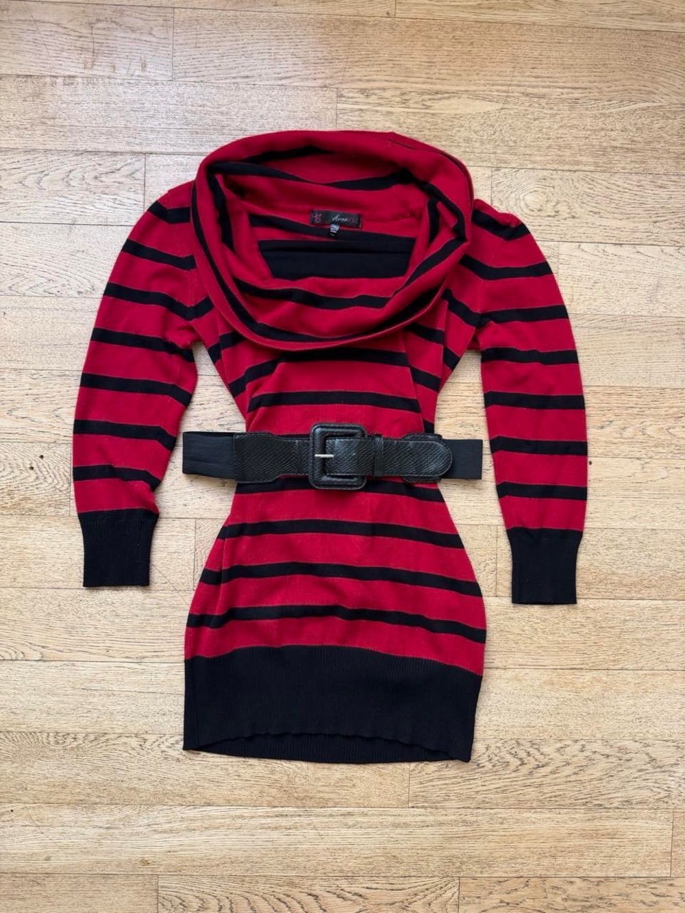 Striped Red and Black Cowl Neck Sweater Dress with Belt